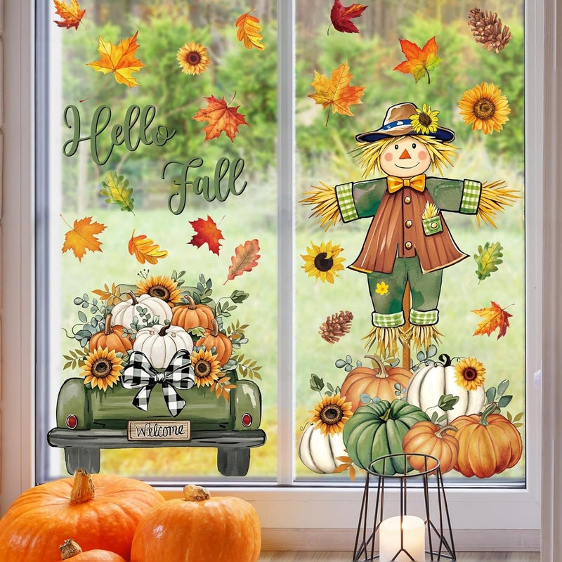 Whaline 6 Sheets Thanksgiving Fall Window Clings Green-Orange Scarecrow Maple Leaves Pumpkin Truck Reusable Window Decals for Autumn Harvest Thanksgiving Home Office School Decor - Image 3